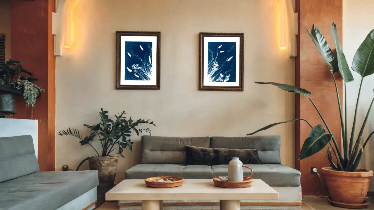 diptych meadow cyanotype wall art mock-up framed living