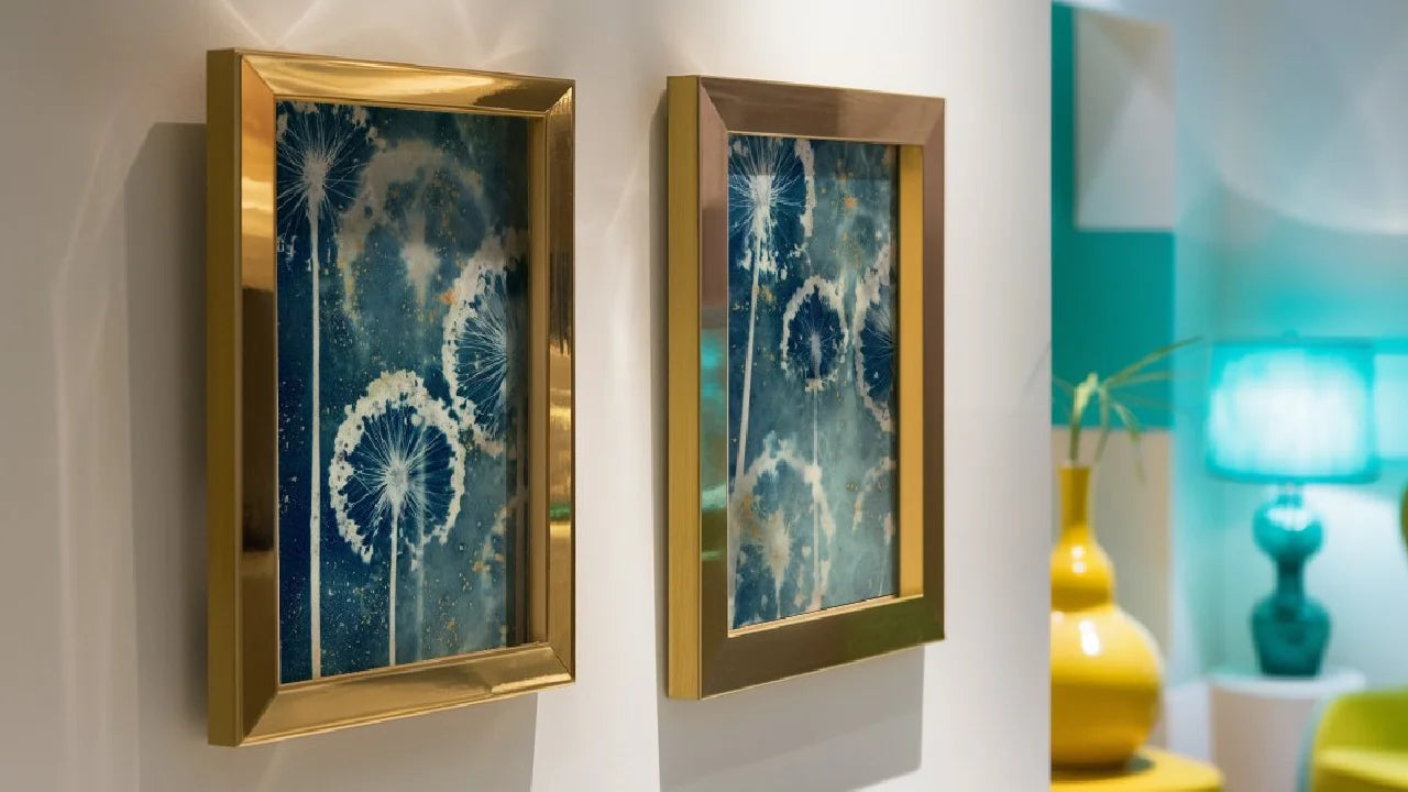 diptych wall art cyanotype print framed mock-up alliums gold frame